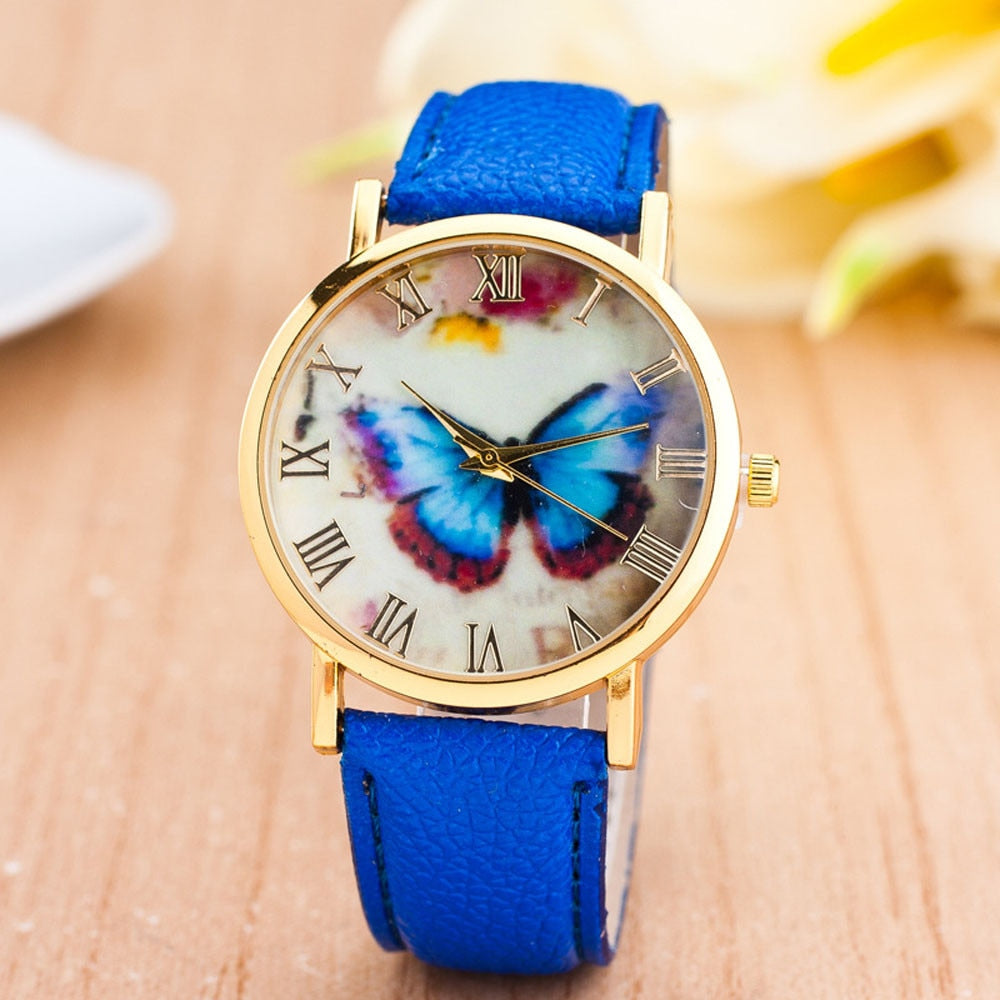 Butterfly Watch butterfly, Women This stylish wrist watch is perfect for your woman who loves a feminine touch of butterfly. Whisked away to a garden full of flowers, she can read time when the sun moves in the sky. When it rains, she will see a rainbow on her wrist. This butterfly loves flowers, plants, animals and everything in nature. She wants to protect nature and help it thrive.